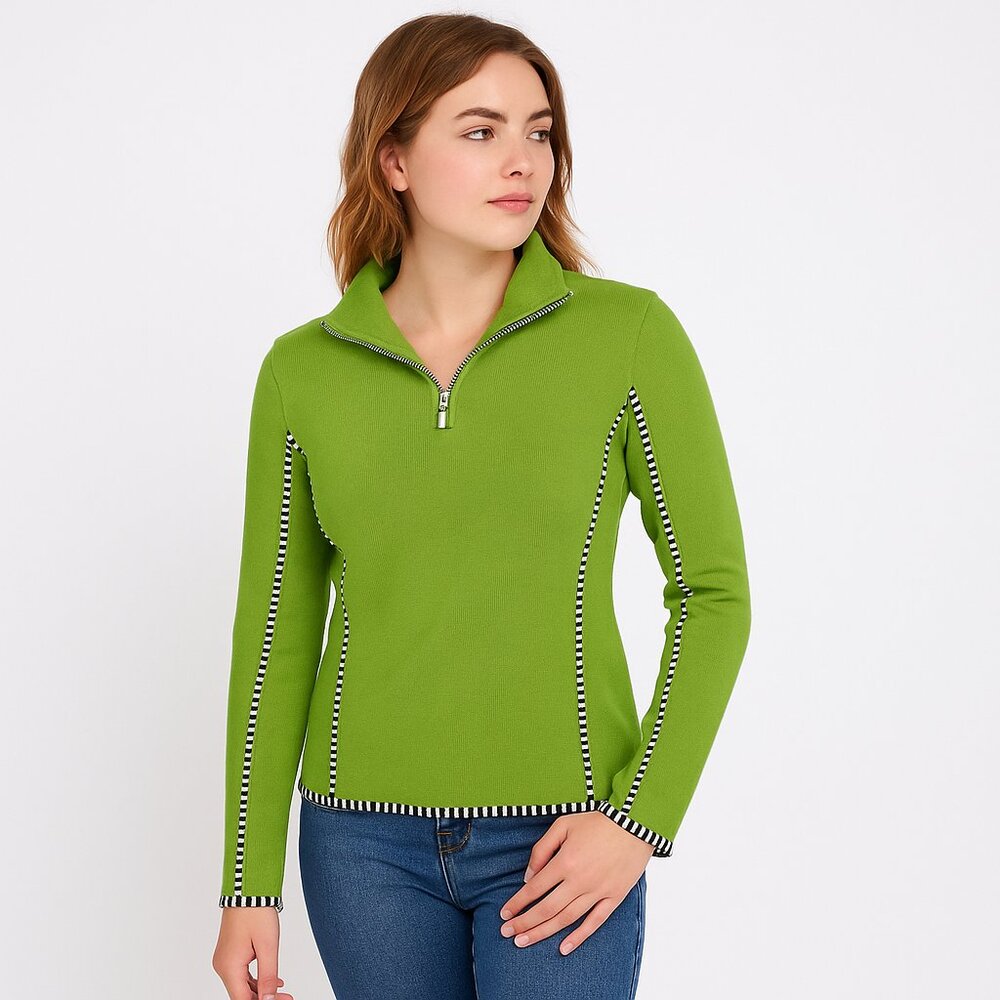NEVE Green Half Zip Sweater Black White Stripe Trim Pullover Ski Après Wool S